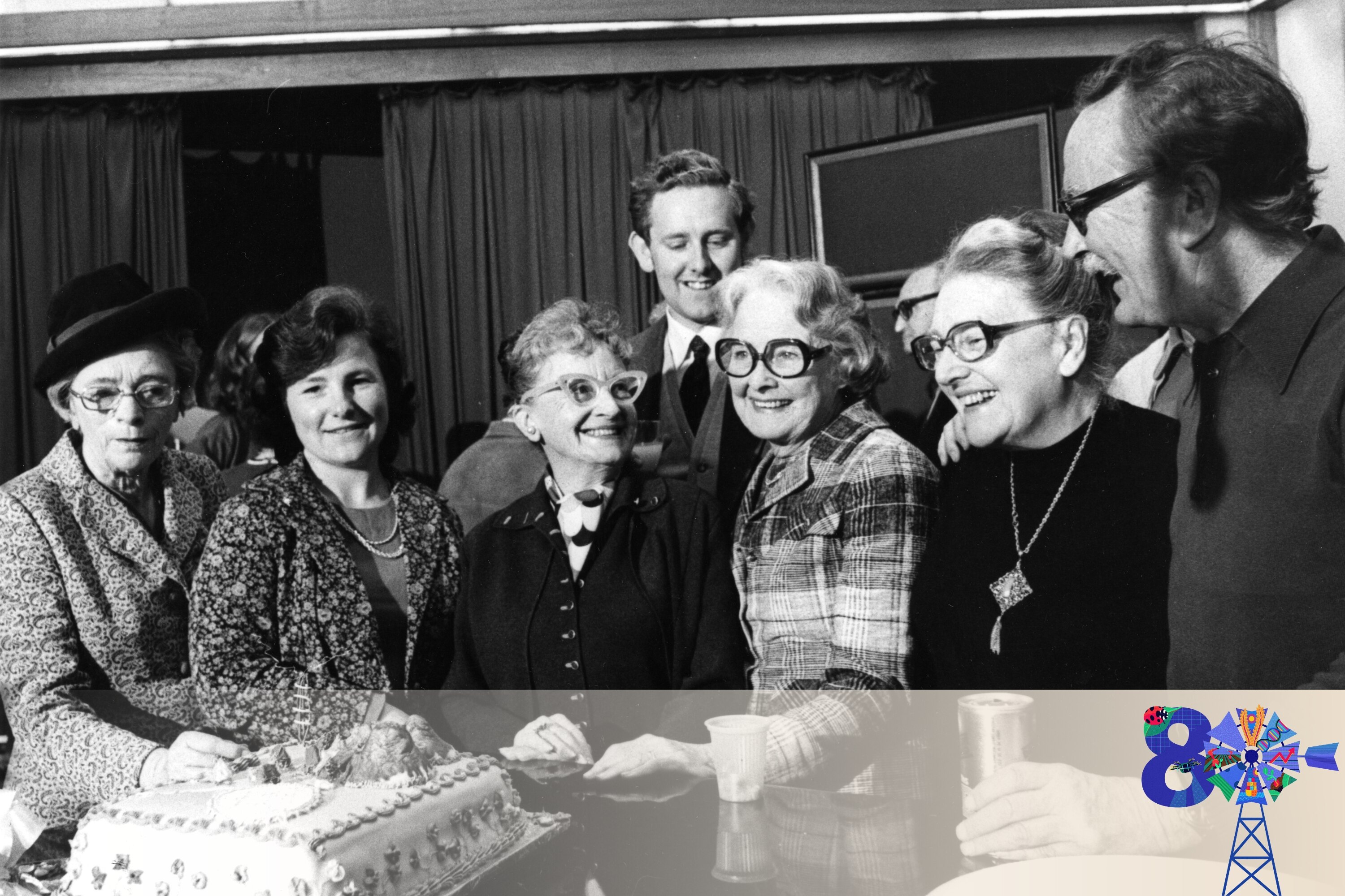 black and white photos of  five women and two men around a table with a cake on it