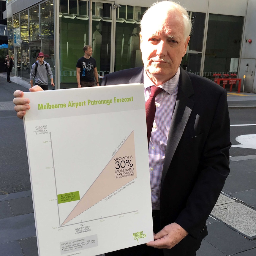 Peter O'Brien holding a chart about forecast patronage growth on an airport rail link.