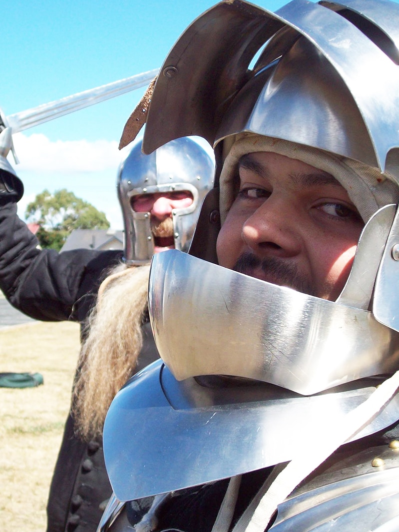 Two armour enthusiasts at the Sheffield Medieval Festival, Tasmania.