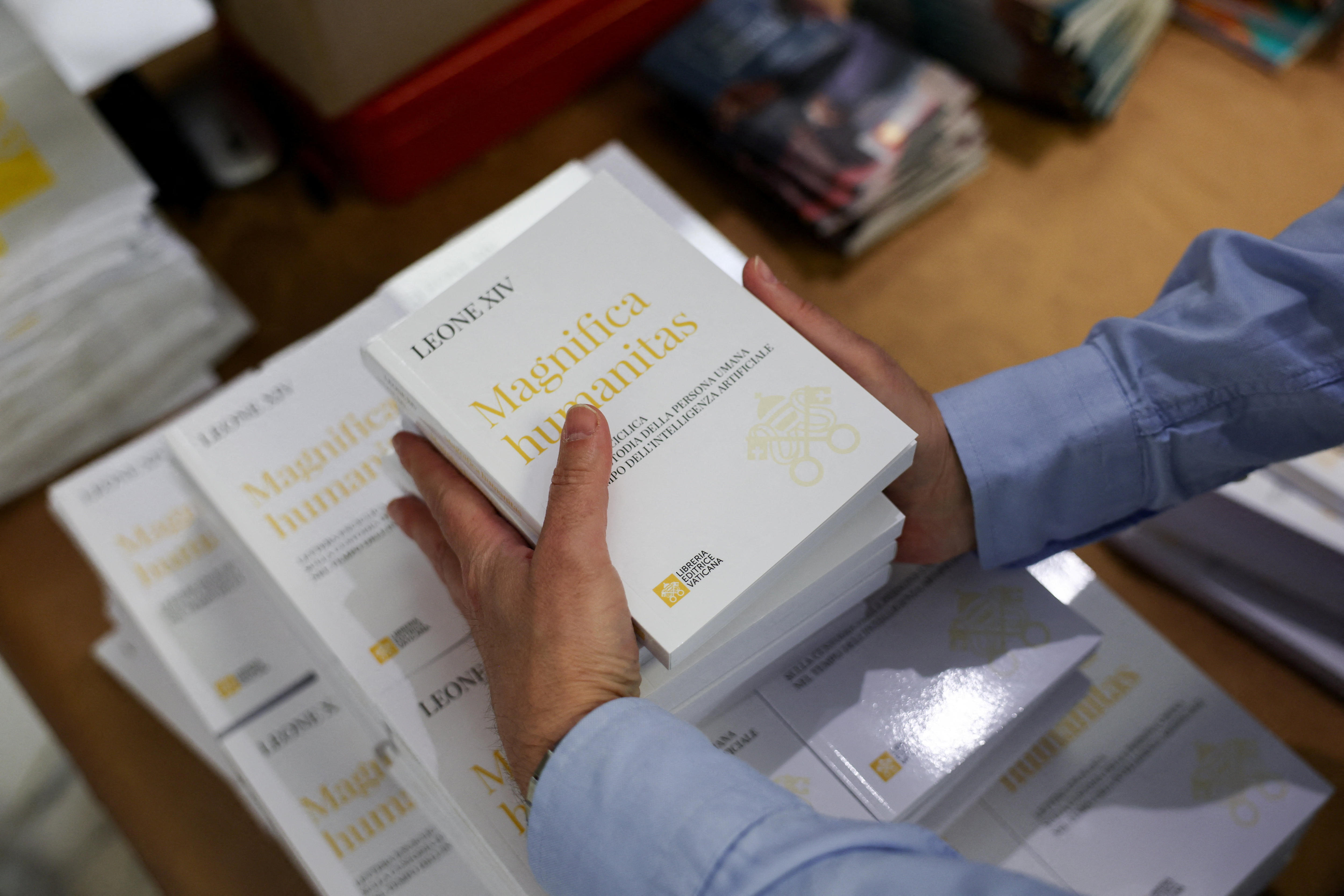 A series of big books. 