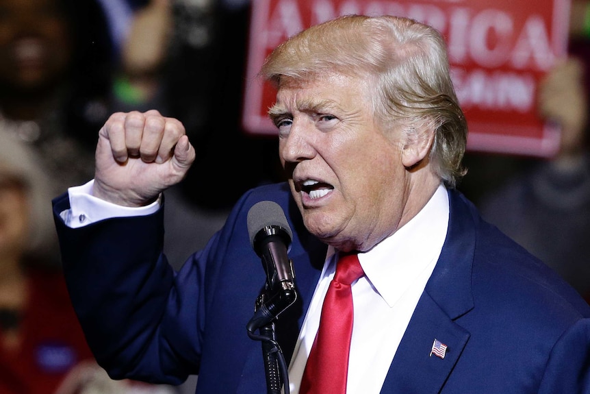 Donald Trump holds up a clenched fist during a speech.