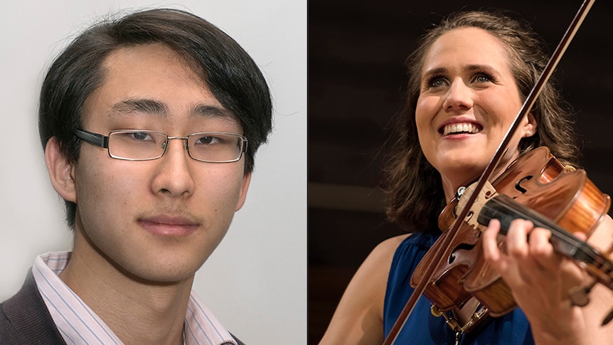 A combined photo featuring pianist Kevin Chow (left) and violist Stefanie Farrands holding a viola.