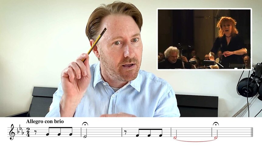 A montage of a conductor talking, a conductor in front of an orchestra, and sheet music.