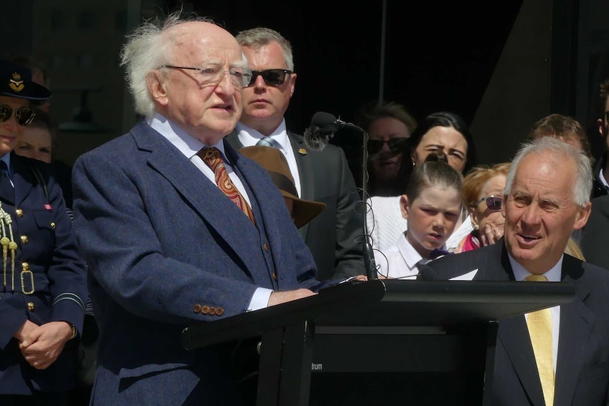 President of Ireland Michael Higgins in Hobart for Footsteps Towards Freedom sculpture unveiling