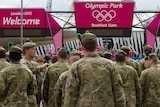 Soldiers mingle around Olympic Park in London