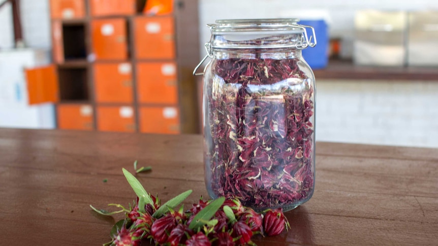 a jar of dried rosella and some rosella buds on a table.