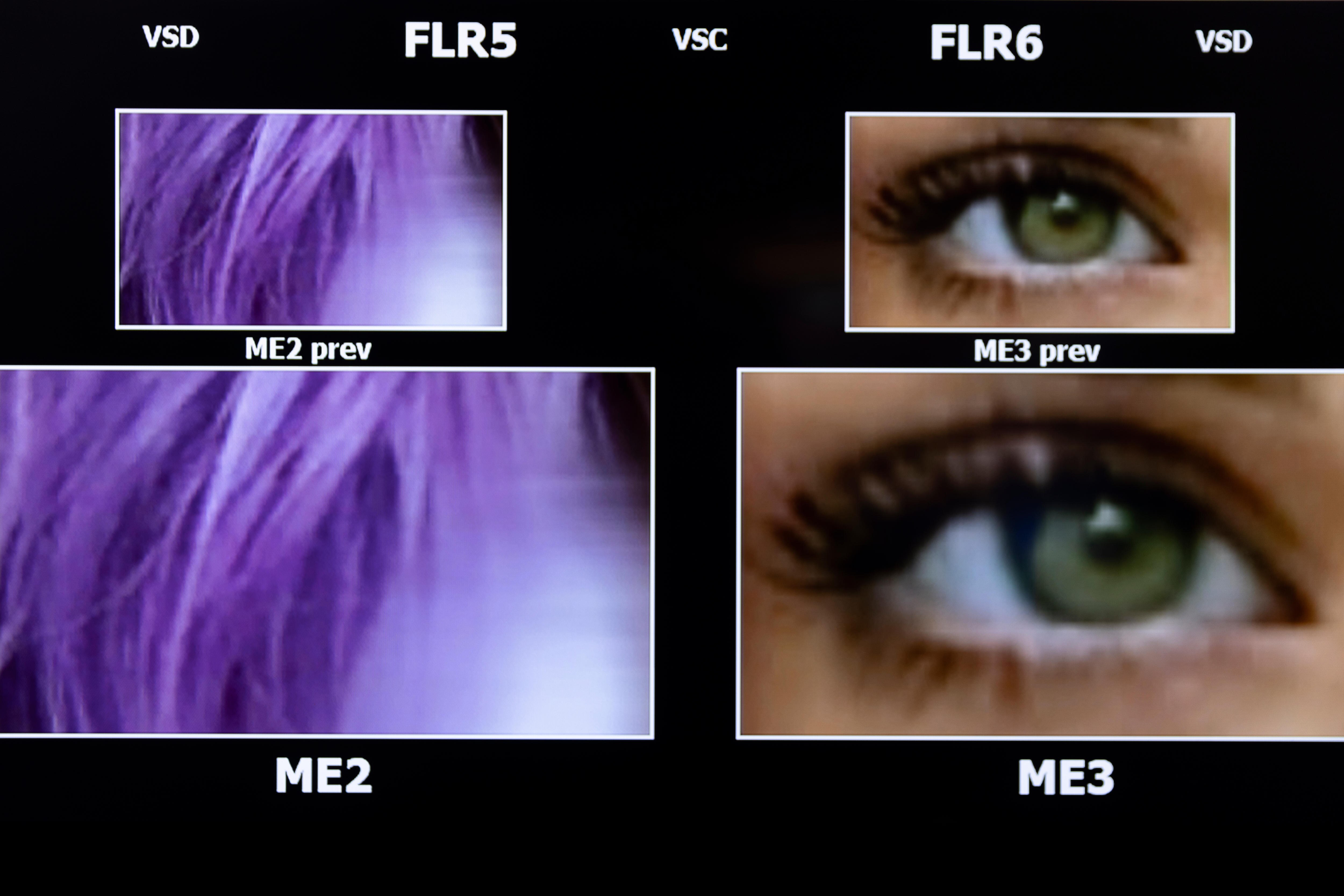 Two images of an AI model's purple-coloured hair, and two images of a close-up of an eye. 