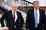 Boris Johnson stands with hands on his hips as Trump speaks next to him on a staircase.