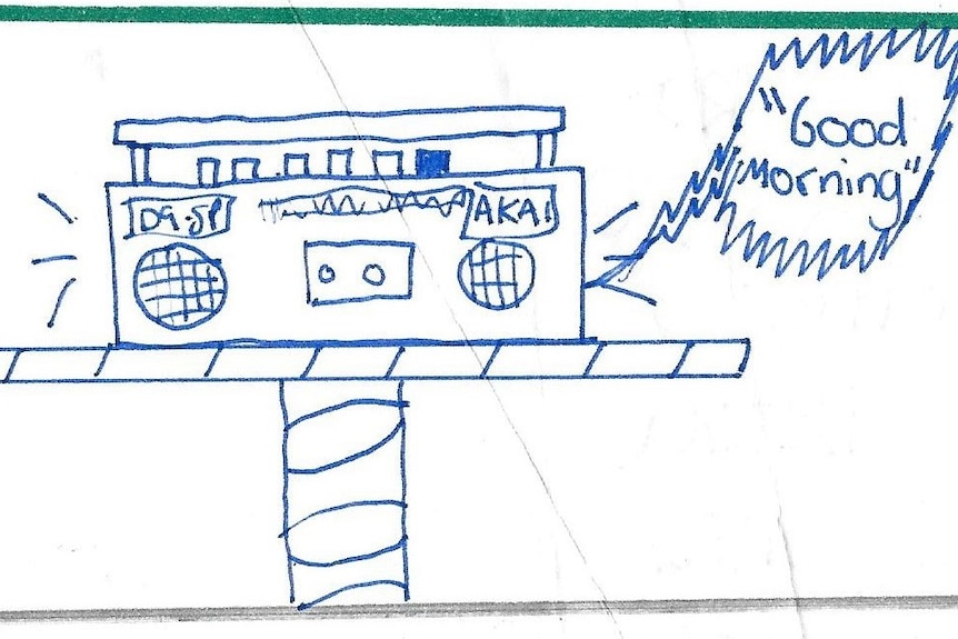 A child's drawing of a cassette player blasting the words "Good morning".