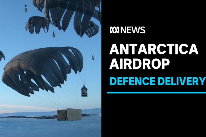 Antarctica Airdrop, Defence Delivery: Grey parachutes holding cargo boxes land on ice.