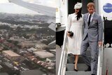 Composite image of Harry and Meghan's plane and the pair boarding