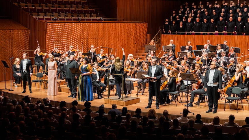 The soloists at the front of the stage at the Sydney Opera House after a performance of Beethoven's opera Fidelio