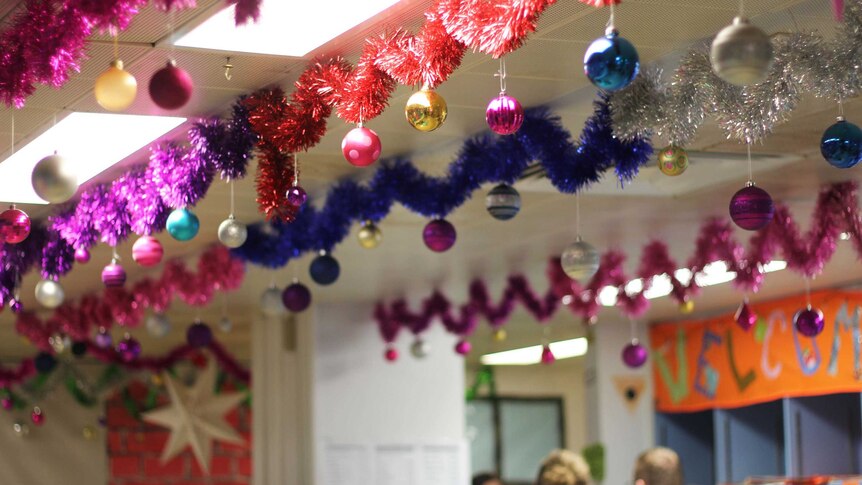 tinsel on a hospital ceiling