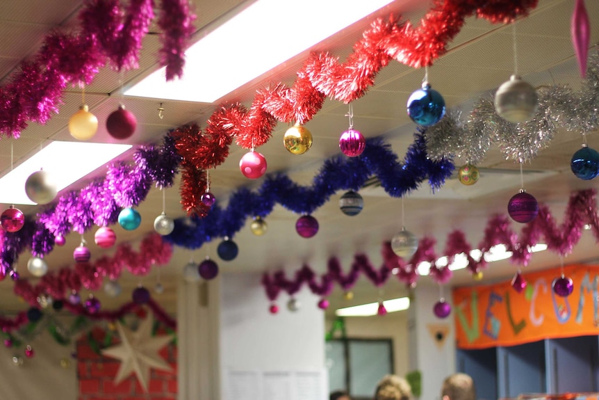 tinsel on a hospital ceiling