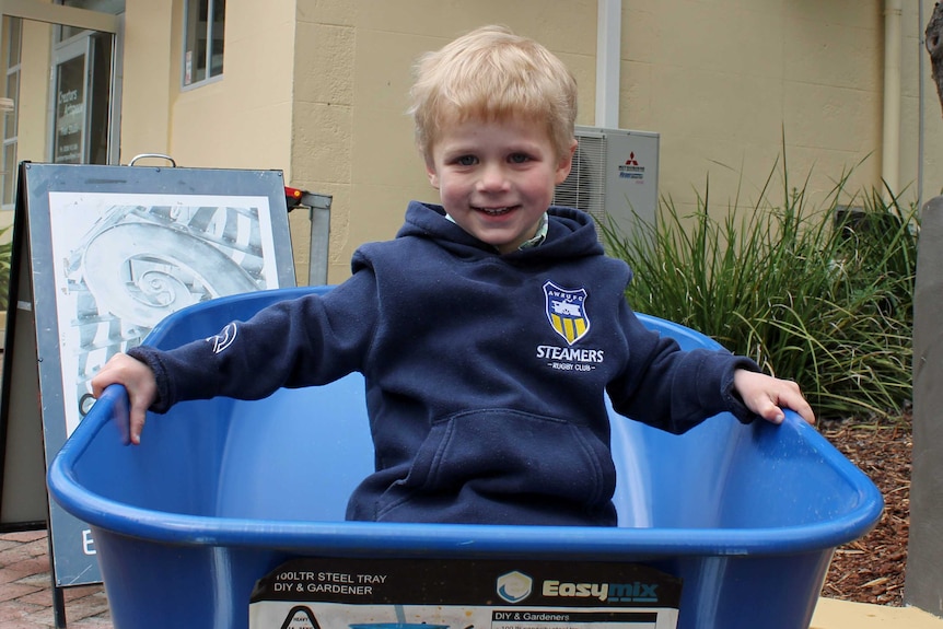 A four-year-old boy sits in a blue wheel barrow