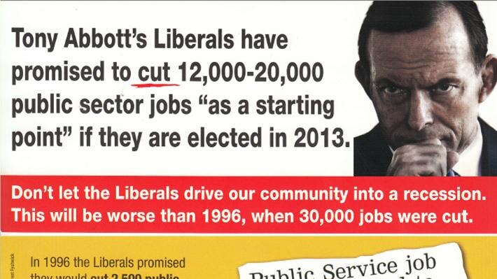 The flyer claims the Liberal Party will cut more than 20,000 public service jobs if elected.