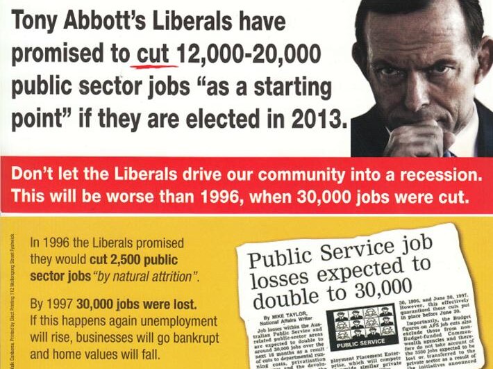 The flyer claims the Liberal Party will cut more than 20,000 public service jobs if elected.
