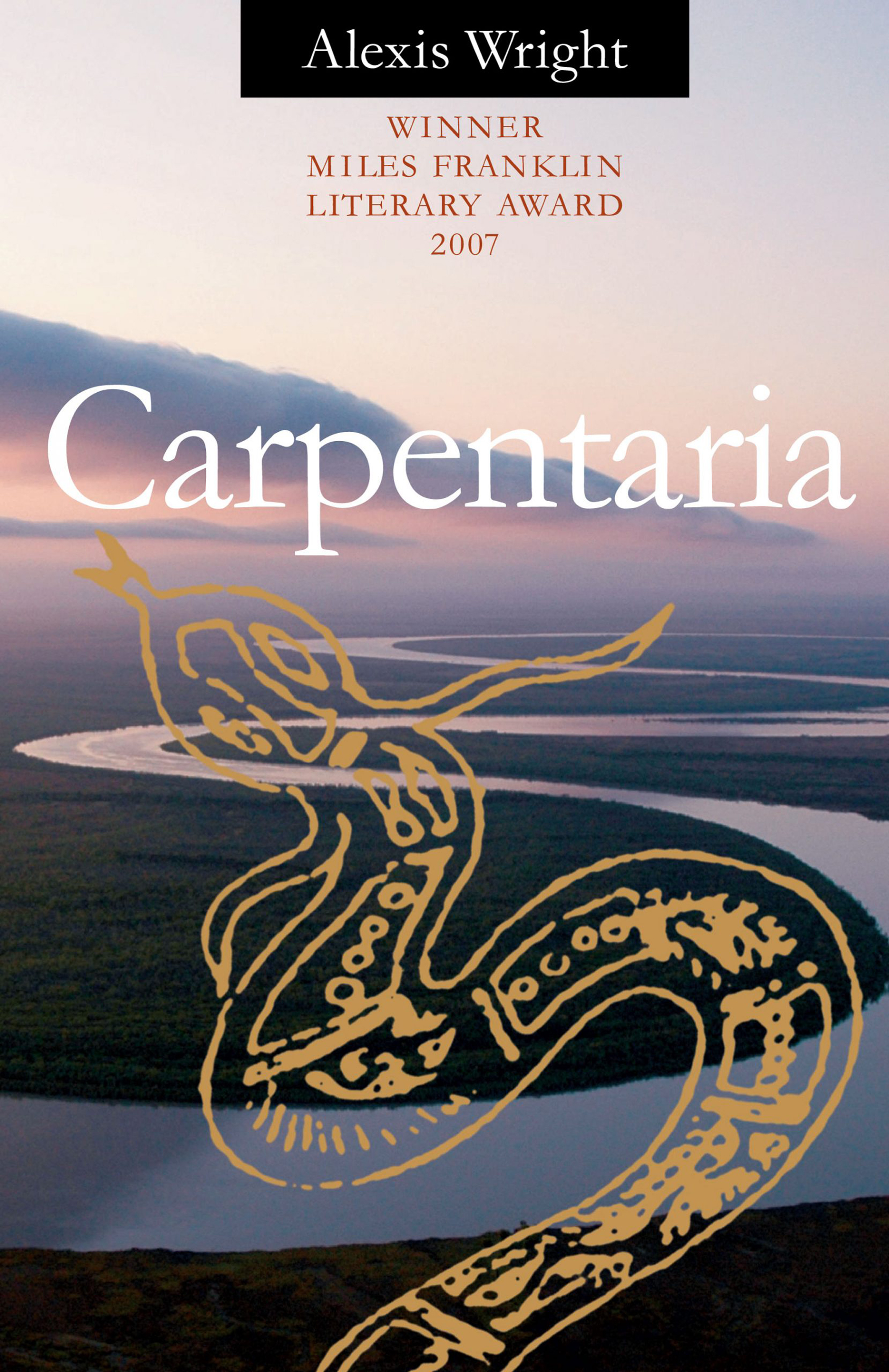 Cover of Carpentaria Alexis Wright  featuring the photograph of a river with an Aboriginal overlaid across it.  