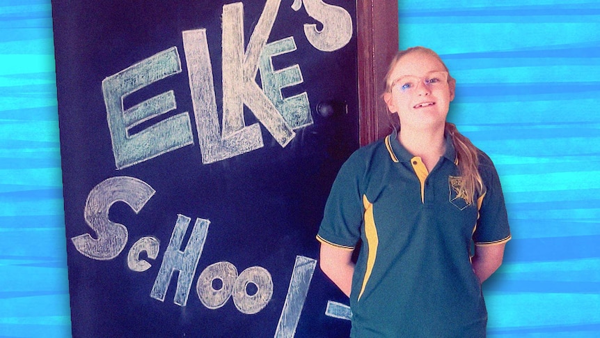 Girl in school uniform stands in front of a door that says Elke's School.