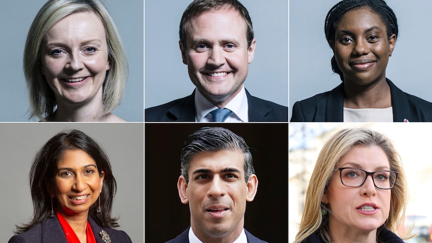 Six portraits show the six candidates in the Conservative Party leadership race — four women and two men.