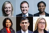 Six portraits show the six candidates in the Conservative Party leadership race — four women and two men.