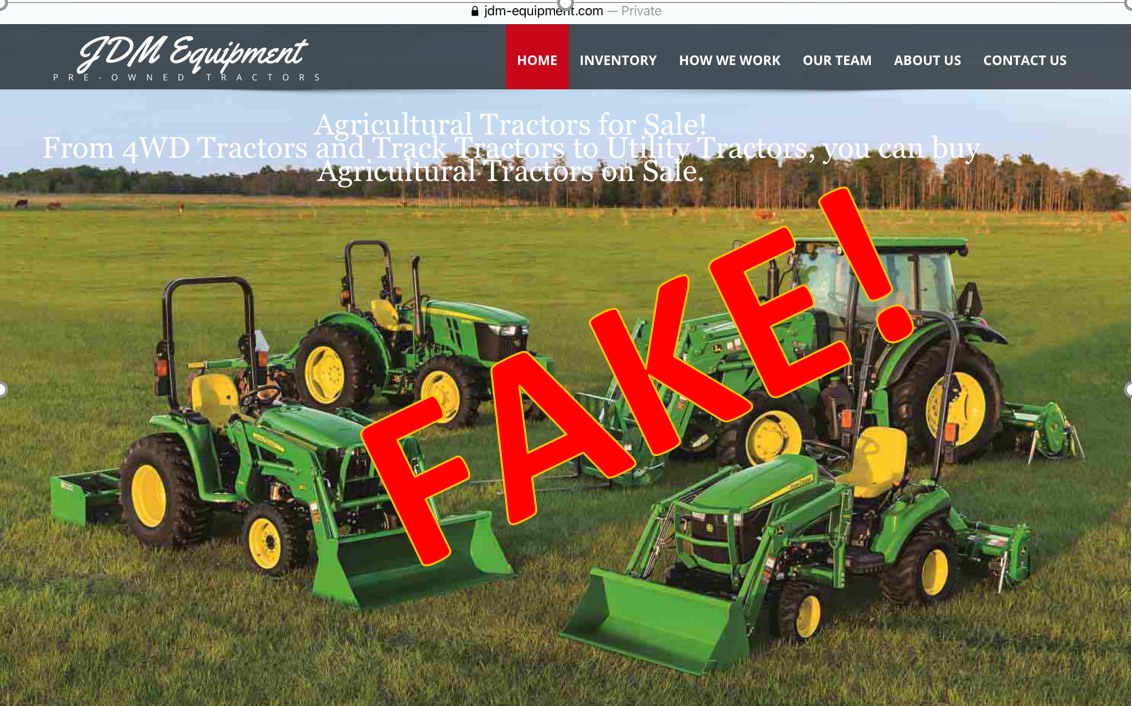 A screenshot of a tractor-selling website with the word "fake!" written across it in big red letters 