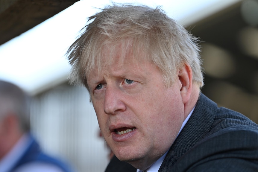 UK Prime Minister Boris Johnson looks out into the distance.