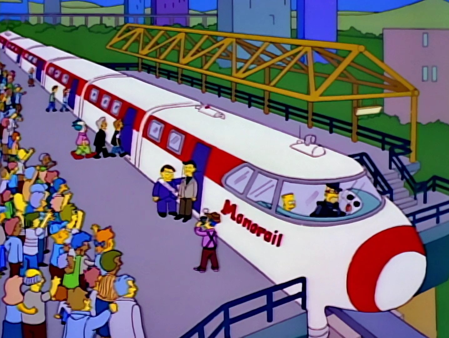 A cartoon of a monorail on a platform with simspons characters waiting to board