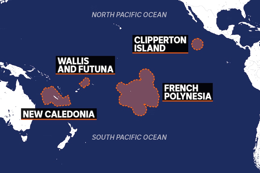 A map highlighting the French territories in the Pacific: New Caledonia, Wallis-and-Futuna, French Polynesia and Clipperton.