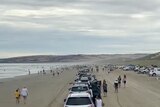 A row of cars on a beach.