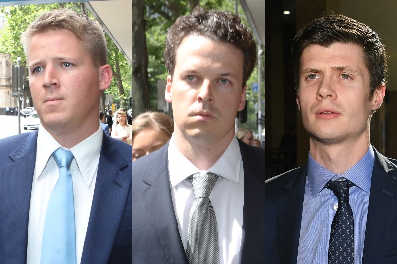 A composite image of three men in suits leaving court.