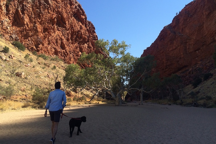 A man walks with his dog through a gorge near Alice Springs.