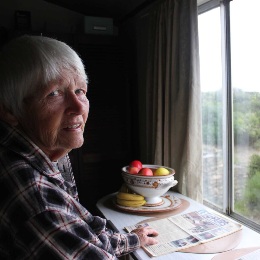 A woman with short white hair looks at the camera and leans on a table next to a window.