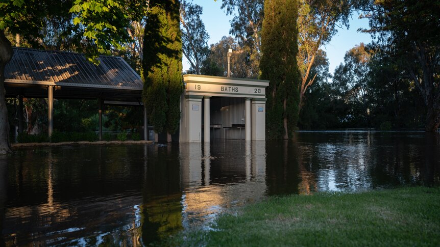 A building with floodwater covering the bottom