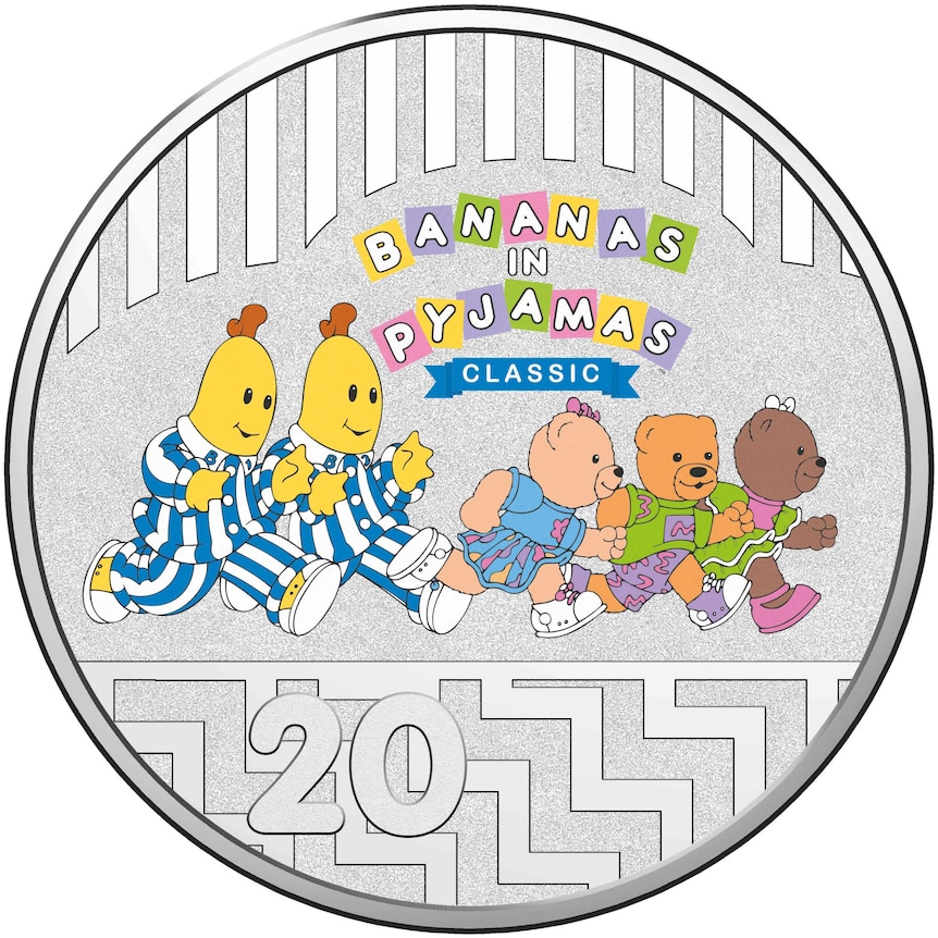 A collectable 20c coin celebrating 25 years of Bananas in Pyjamas.