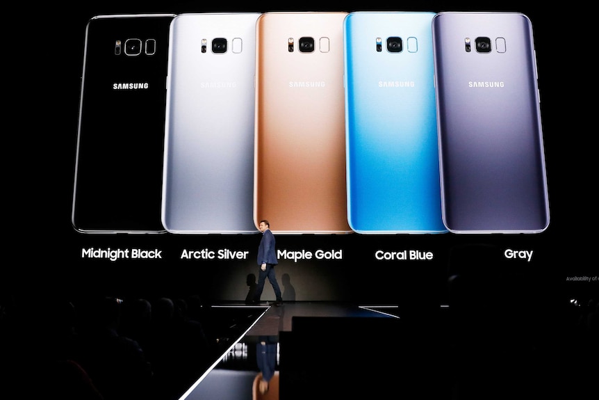The Galaxy S8 and S8+ smartphones are revealed on stage