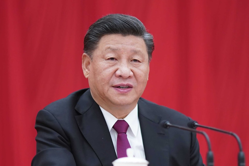 Chinese President Xi Jinping sits behind a bright red wall while speaking at a meeting