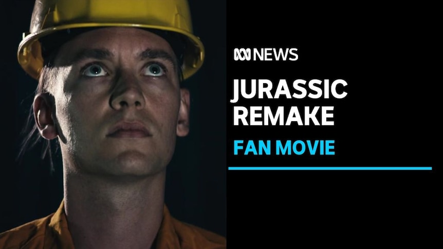 Jurassic Remake, Fan Movie: A still from a movie of a man wearing a yellow hard hat.