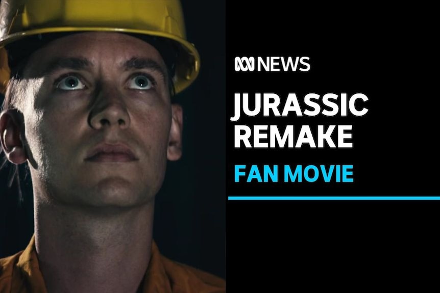 Jurassic Remake, Fan Movie: A still from a movie of a man wearing a yellow hard hat.