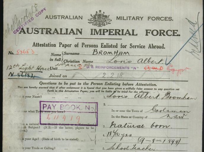 Loris Bromham's war service record