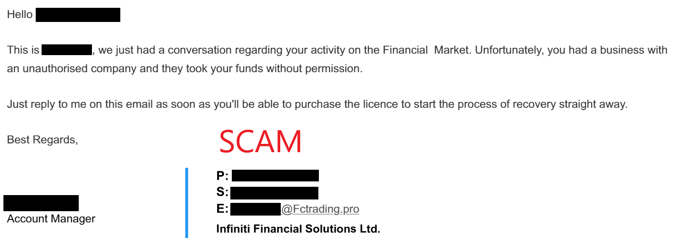 A screenshot of an email from a scammer trying to convince scam victims to pay an upfront fee to recover money lost in a scam. 
