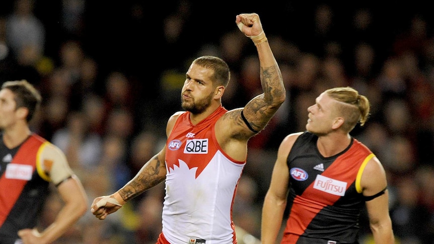 Sydney's Lance Franklin celebrates after kicking a goal against Essendon in May 2014.