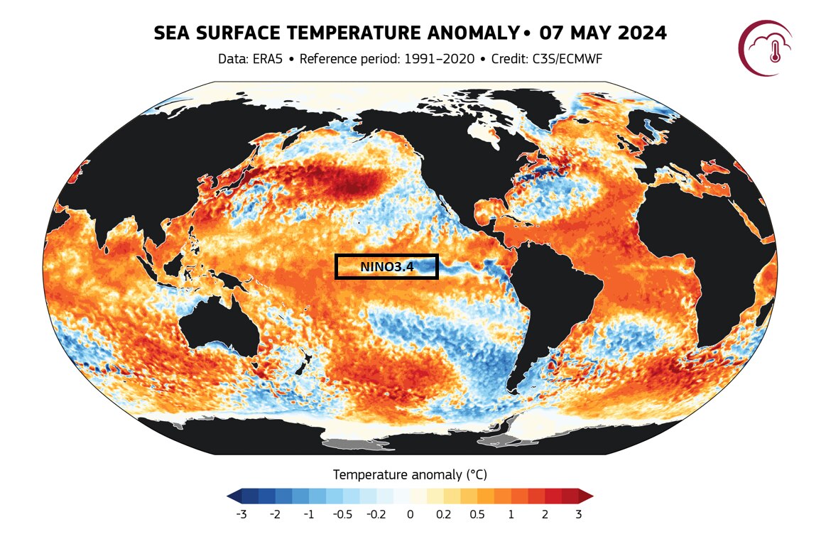 a weather map of the world showing el nino temperatures