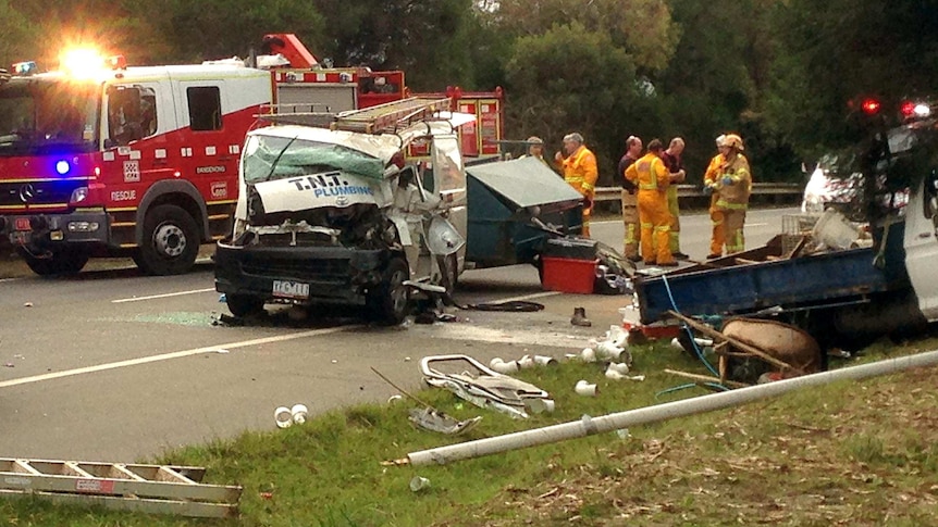 Emergency services gather at the accident scene on the South Gippsland Highway in Cranbourne North.