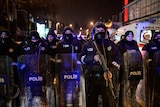 Turkish police stand in a row holding guns and shields.