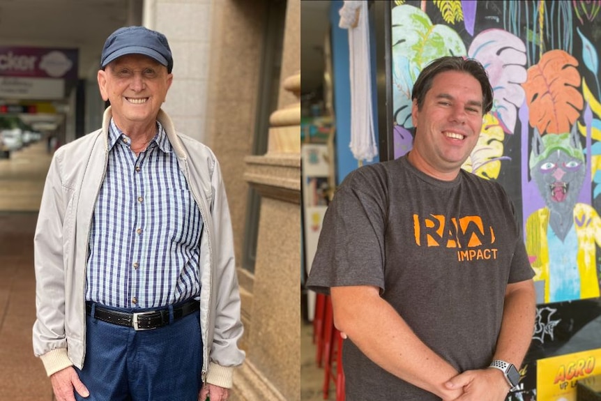 A composite image of two men. One is older, smiling. The younger man is smiling, leaning against a wall.