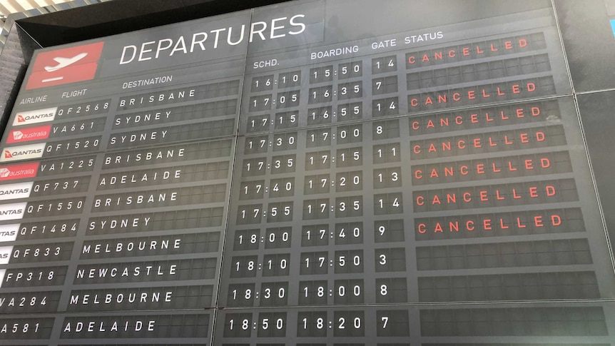 The board advising of flight information shows all flights are cancelled.