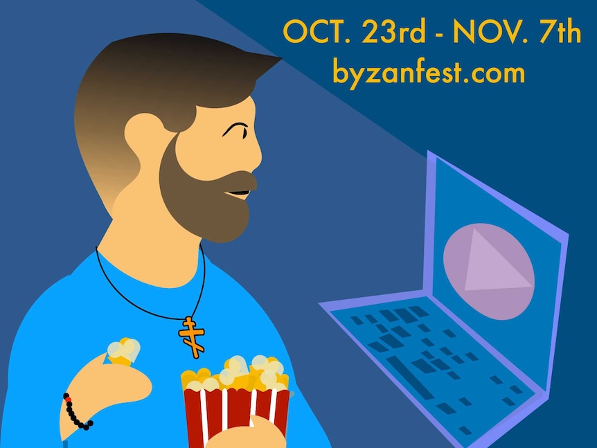 cartoon image of man with beard wearing orthodox cross around his neck watching his laptop screen, eating popcorn