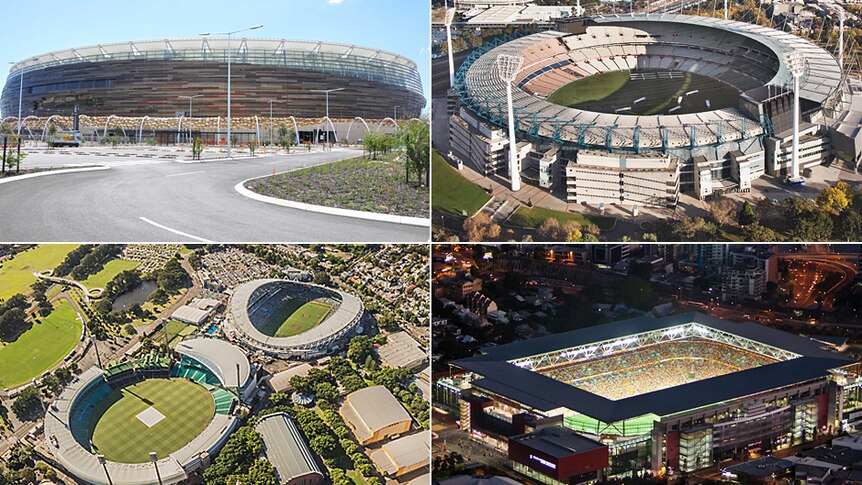 A composite image of Perth Stadium, the MCG, Lang Park and the SCG and Sydney Football Stadium.
