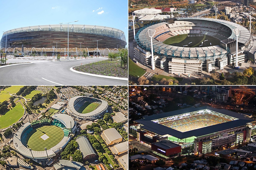A composite image of Perth Stadium, the MCG, Lang Park and the SCG and Sydney Football Stadium.
